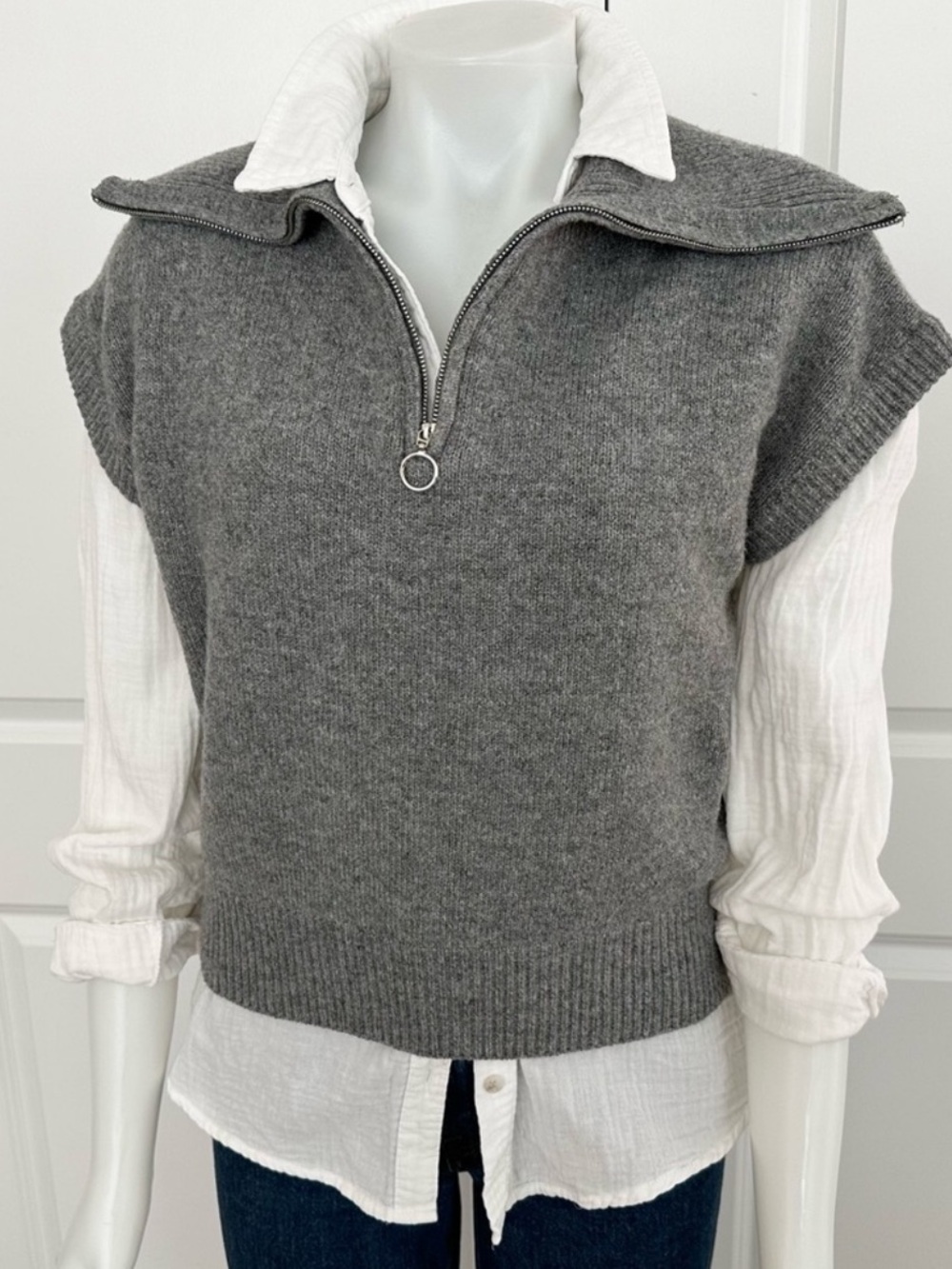 Short Sleeve Grey 1/4 Zip Oversized Sailor Collar Sweater Vest - Fall Layering